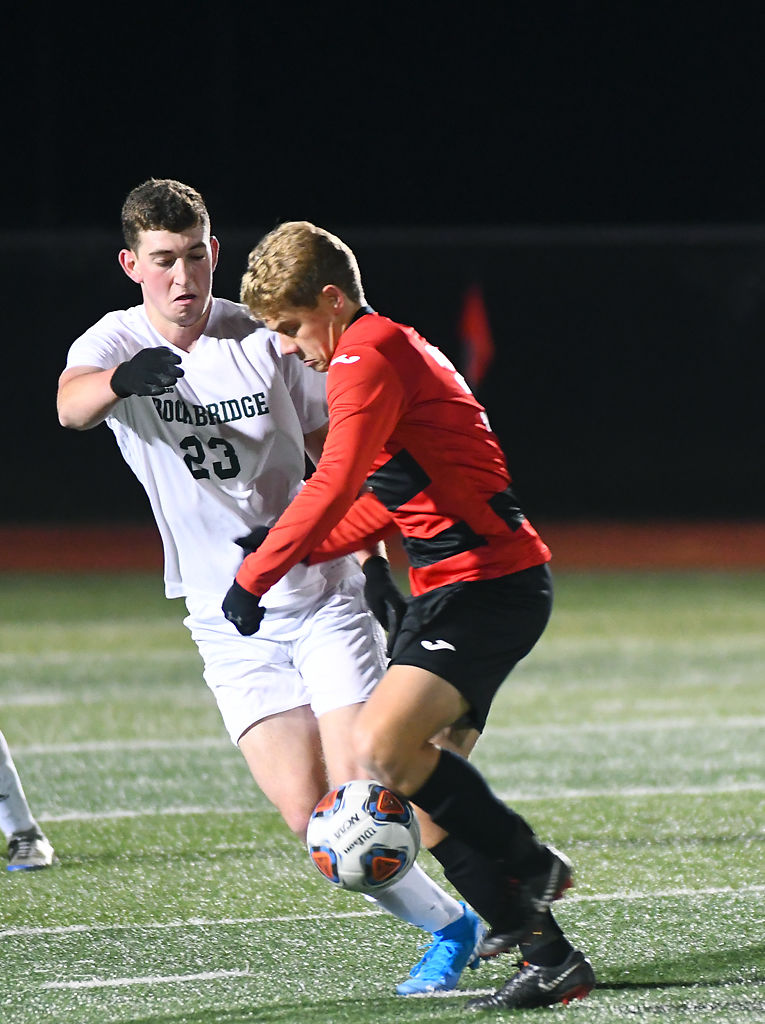 From left, Rock Bridge defender Will Linder and Jefferson City midfielder Ethan Blake vie for the ball in a game against the Jefferson City Jays